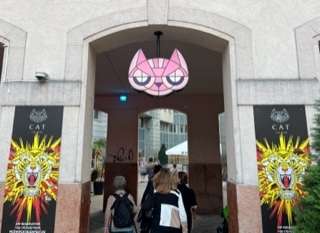 Pink cat's head hanging in arch with people walking in and out